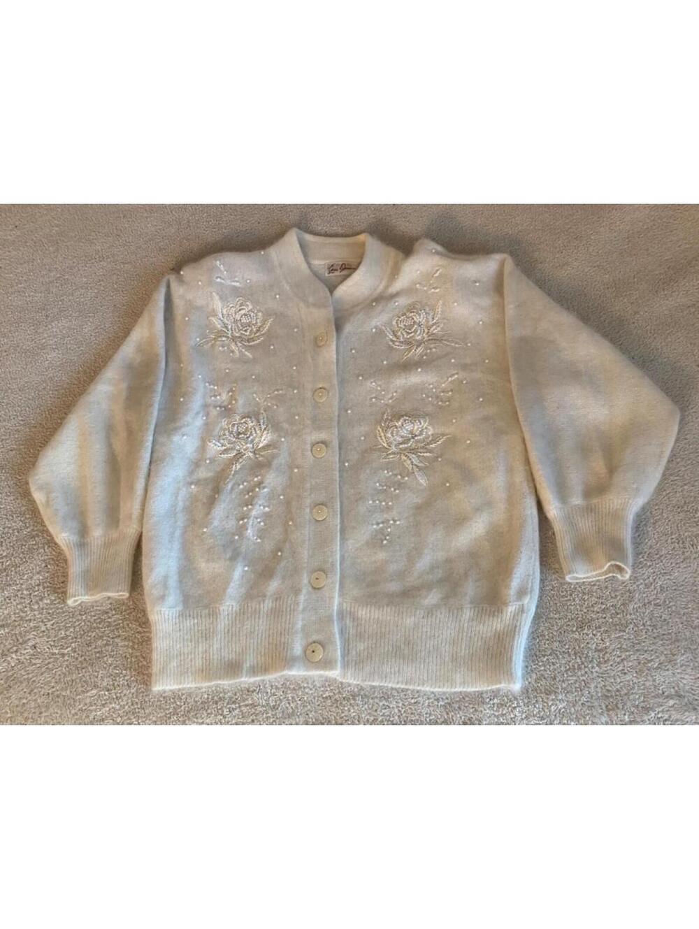 VTG Eddie Dassin Angora Lambswool Embroidered Bead Cardigan Sweater Women's M